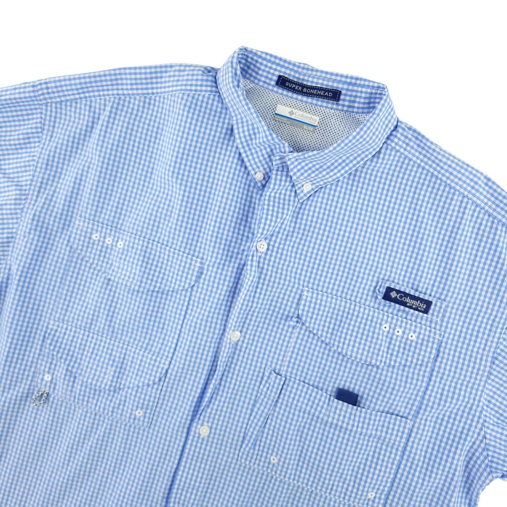 Columbia PFG Super Bonehead Shirt Mens XL Blue Check Short Sleeve Fishing Vented